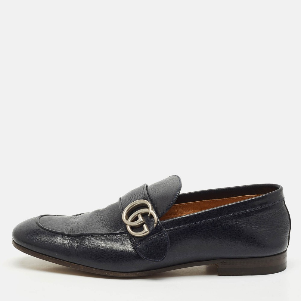 Gucci Donnie Double G Navy Blue Leather Loafers Size 40
