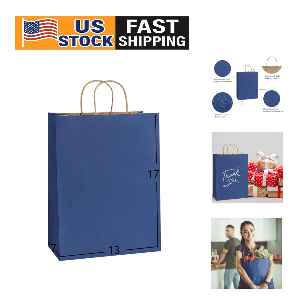 Bulk 50 Pack Navy Blue Kraft Paper Gift Bags – Perfect for Parties & Retail