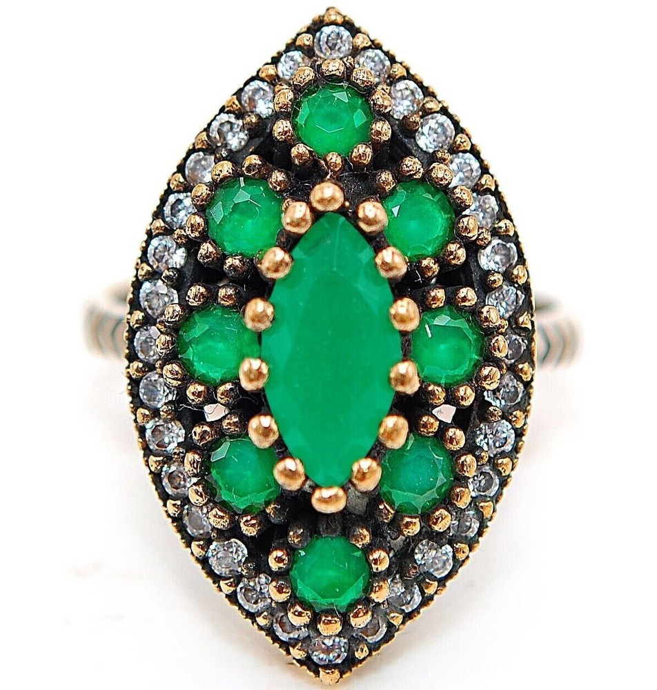 4CT Emerald Sterling Silver Ring Ottoman Empire Style Size 7.5