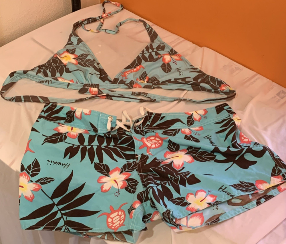 Steven Wear Blue Floral Bikini Top Sz L Swim Shorts SZ 9 Set 100% Polyester L