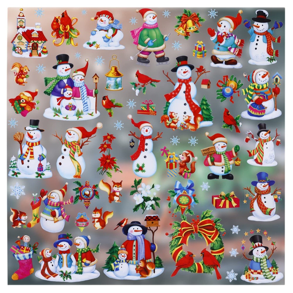 Christmas Window Clings Snowman Snowflake Ornaments Glitter Window Decals Dou...