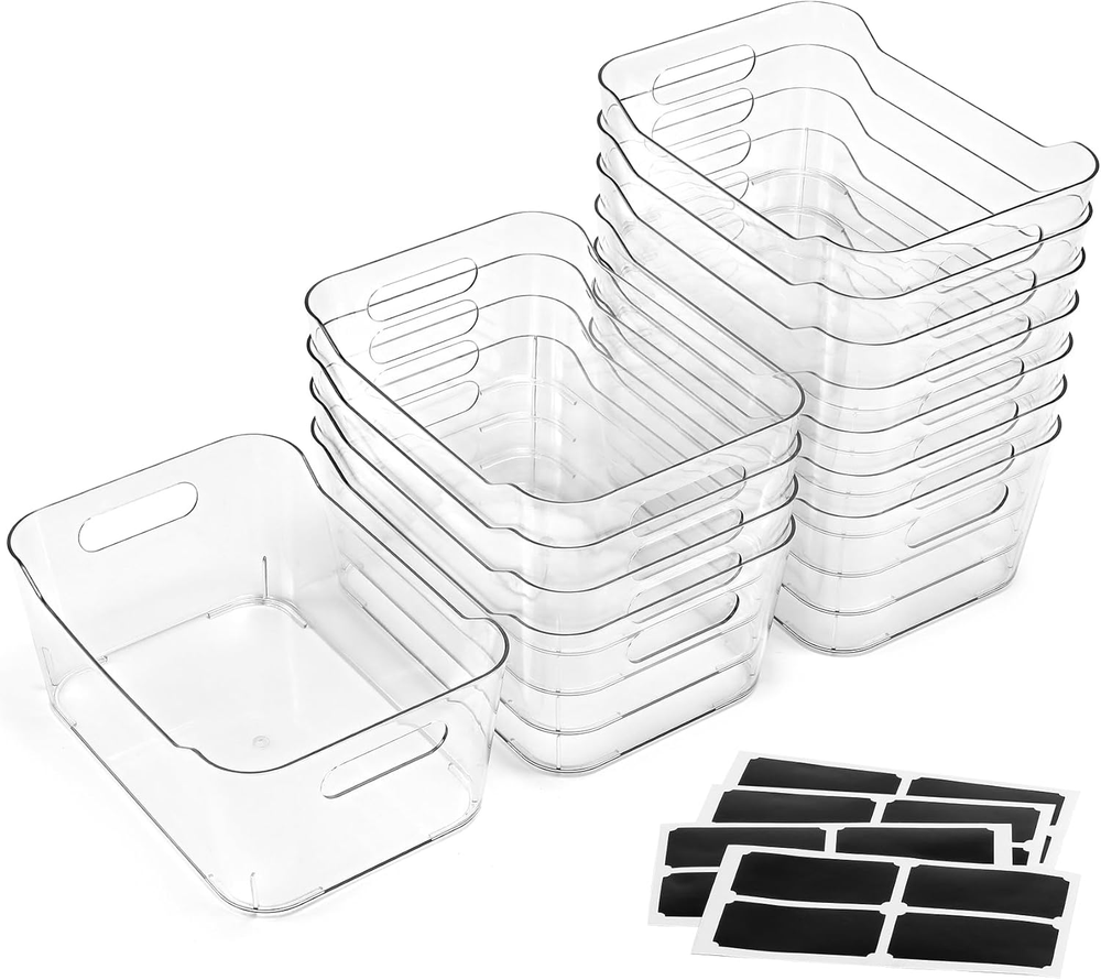 12-Pack Clear Plastic Storage Bins with Labels for Home & Kitchen Organization