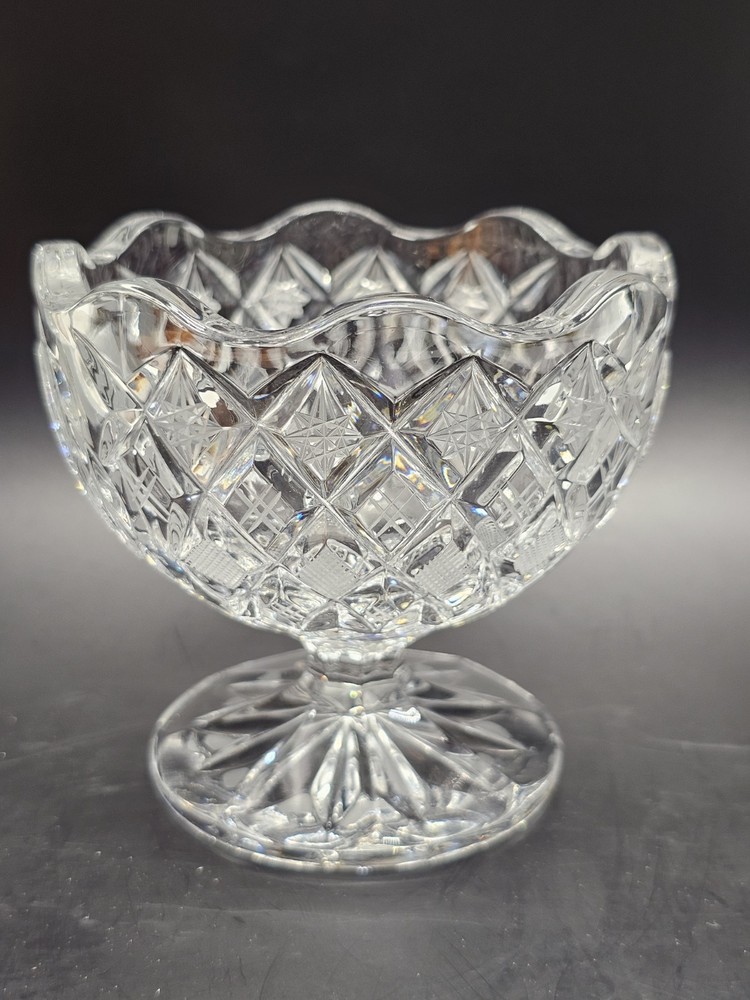 Vintage Cut Crystal Footed Candy Dish with Scalloped Rim 4 Inch Pedestal Bowl