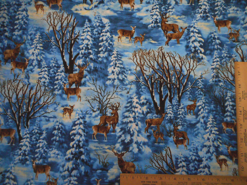 Christmas Fabric 1 1/4 Yard Deer in Snow Night Scene Blue Premium Cotton #29