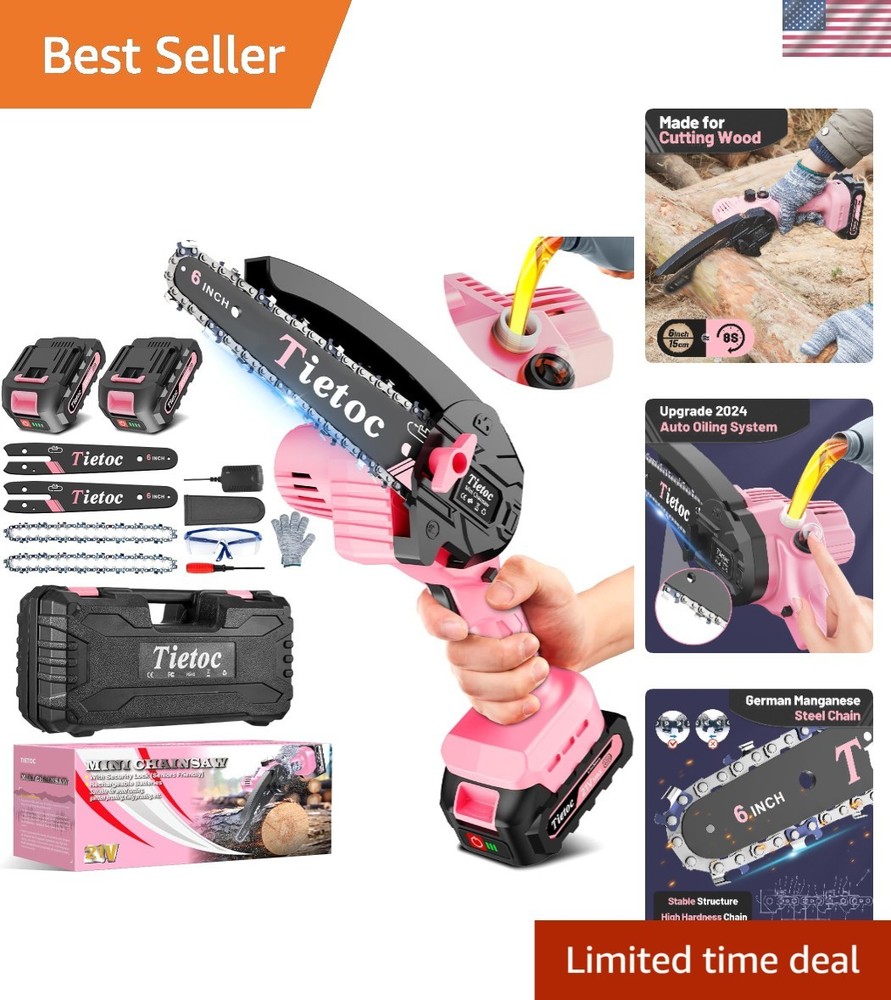 Effortless Cutting with 6-Inch Mini Chainsaw - Safety Gear Included, Pink Style
