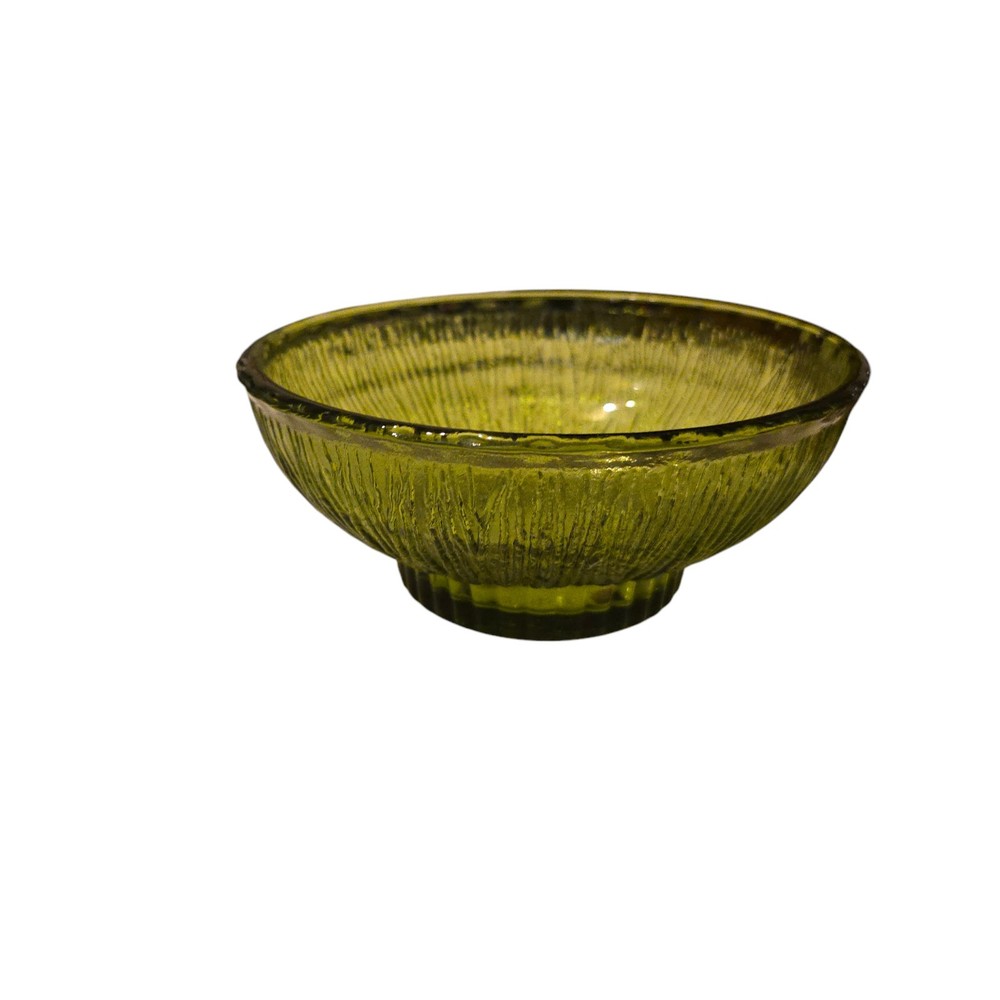 FTD 1975 Vintage Avocado Green Glass Footed Bowl 7 Inch Tree Bark Texture