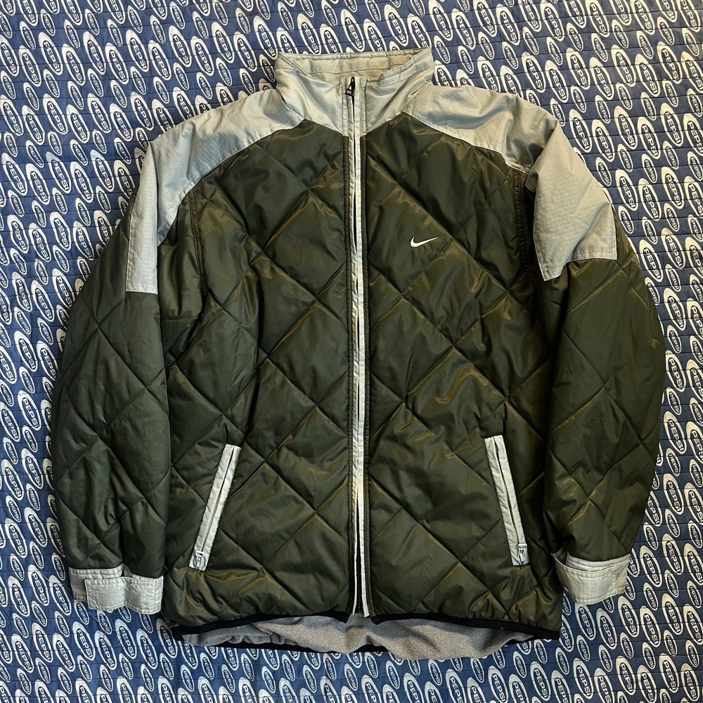 90s Vintage Nike Quilted Full Zip Jacket Gray Green Medium