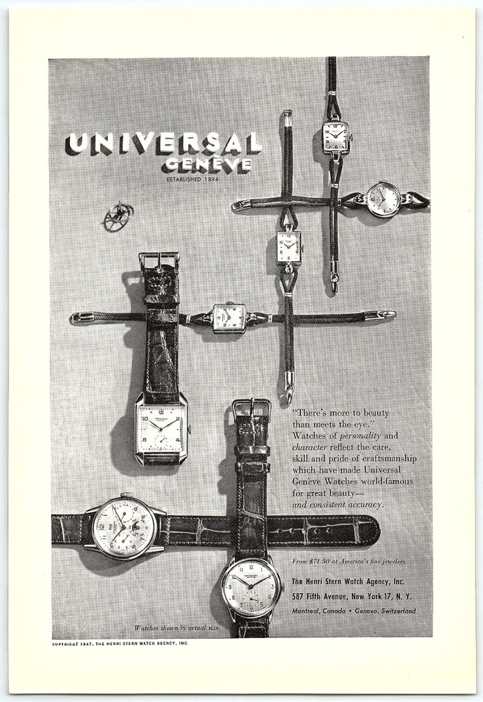 1940s UNIVERSAL GENEVE WATCHES HENRI STERN WATCH AGENCY FULL PAGE PRINT AD Z5273