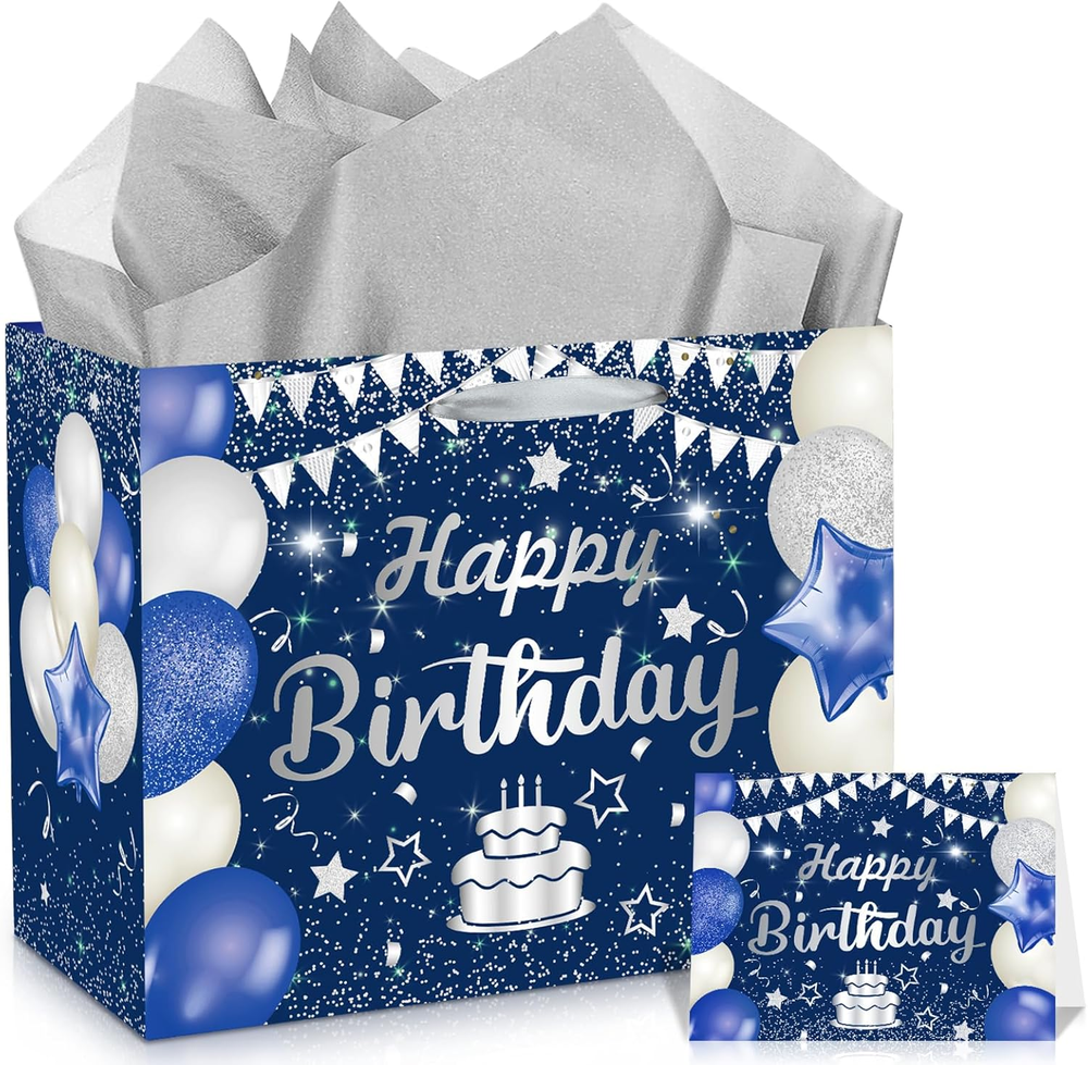 Navy Blue and Silver Large Happy Birthday Gift Bag with Elegant Design