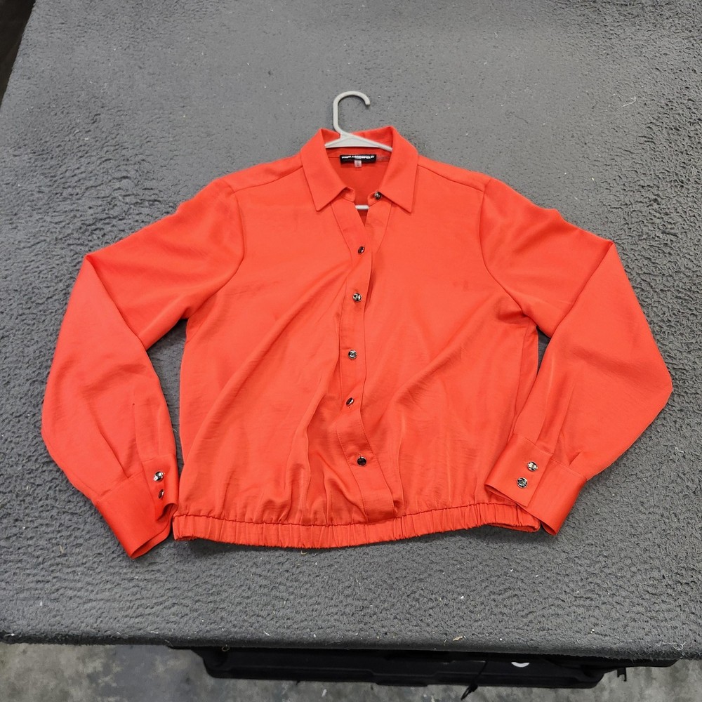 Karl Lagerfeld Paris Blouse Womens Medium Orange Button Front Elastic Hem Top