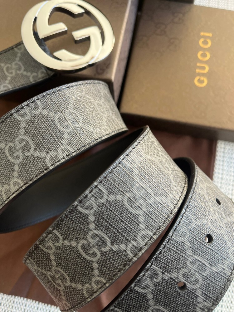 Gucci GG Monogram Supreme Black Gray Leather Belt Size 115 cm 40/42 Waist