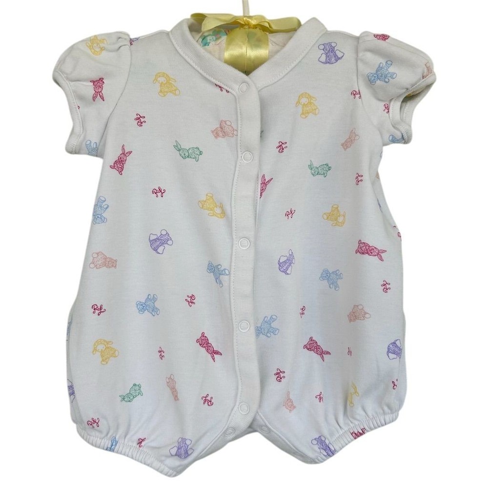 Ralph Lauren Baby Girls White Teddy Bear Bunny Print Bubble Romper NB
