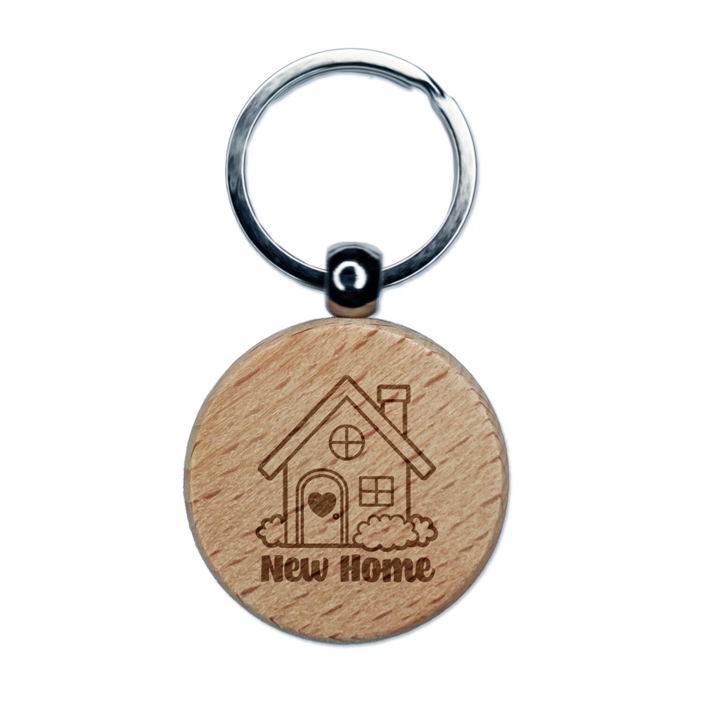 Sweet Adorable New Home Engraved Wood Round Keychain Tag Charm