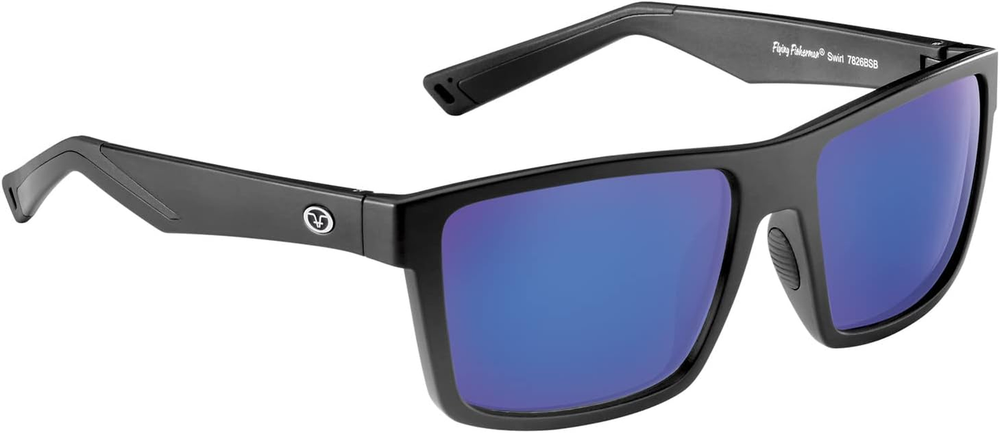 Swirl Rectangular Polarized Sunglasses, Matte Black Frame/Smoke-Blue Mirror L...