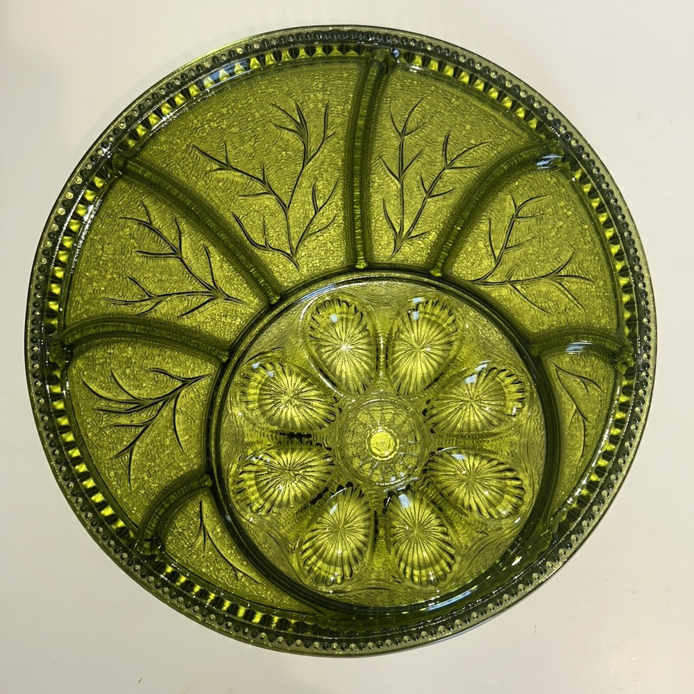 Vintage Indiana Glass Deviled Egg Plate Green Divided Platter Mid Century Glass
