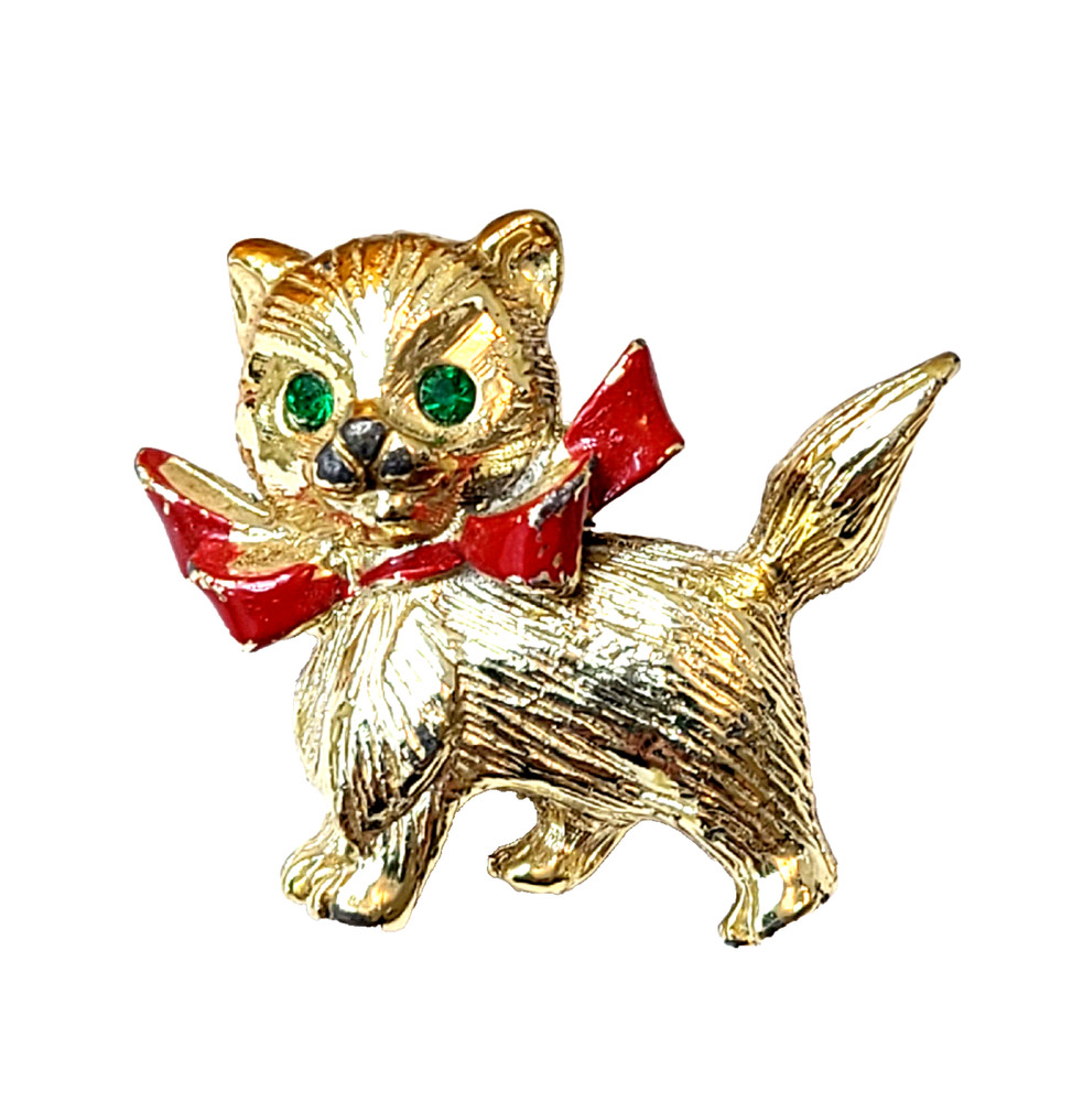 Vintage Kitty Cat Brooch Gold Tone Green Rhinestone Eyes Red Enamel Bow