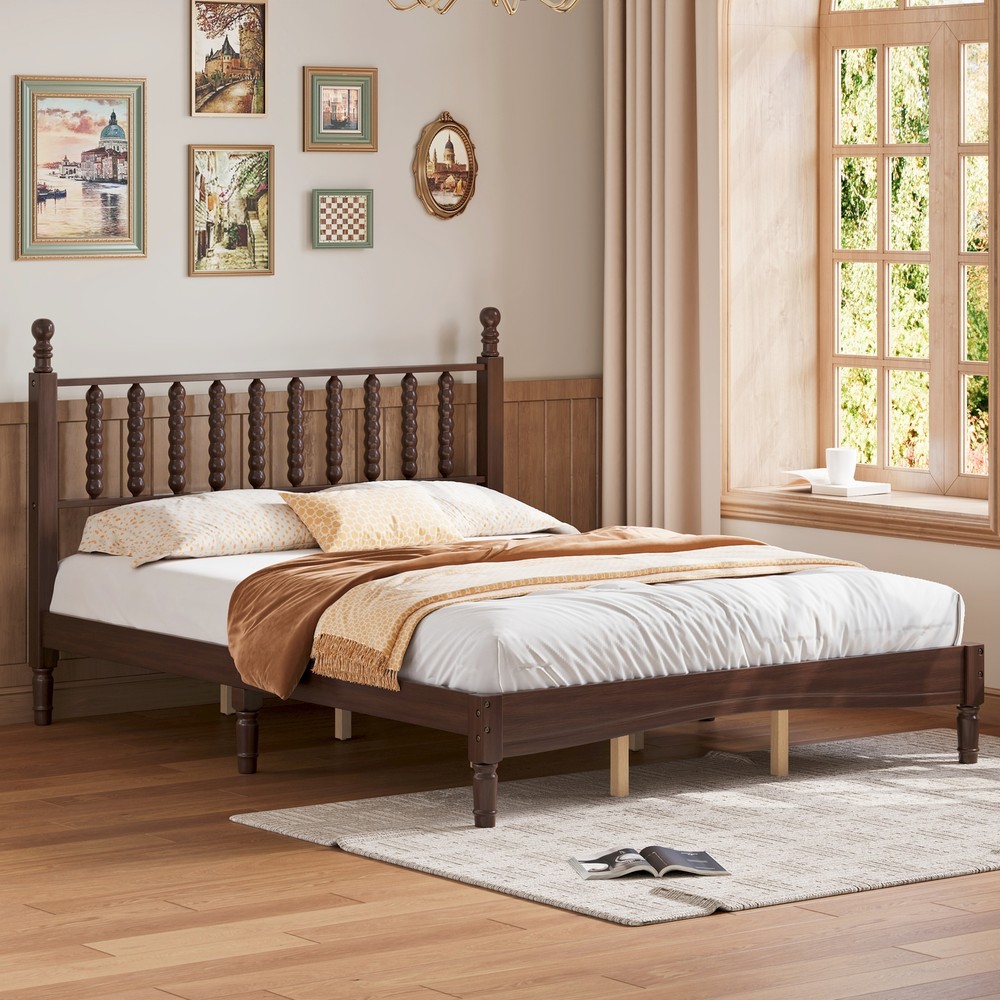 Queen Size Wood Platform Bed with Gourd Shaped Headboard,Retro Style Platform Be