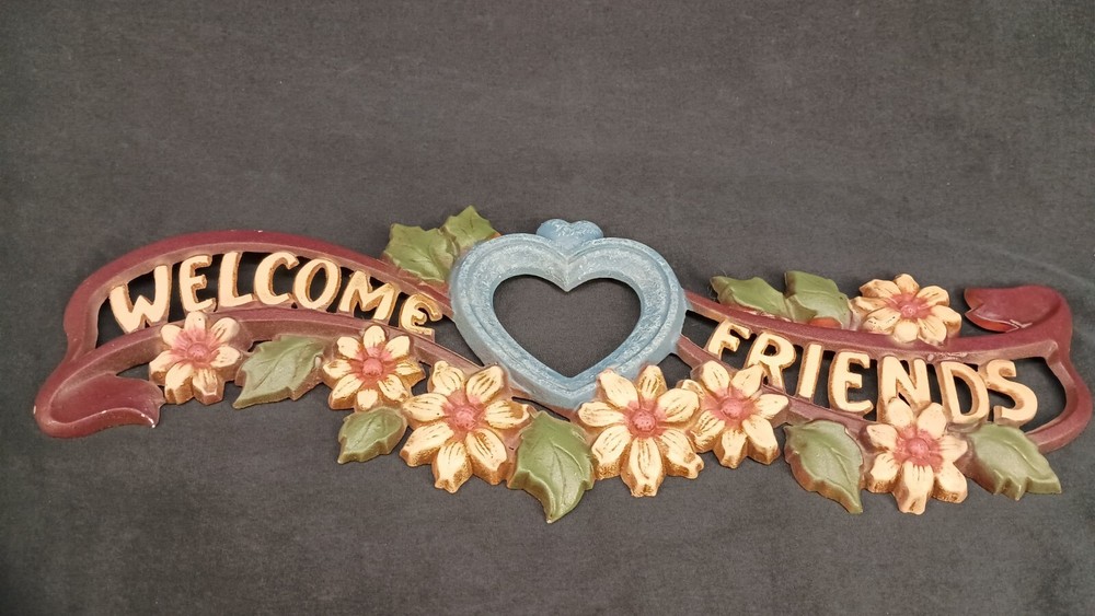 Vintage Cast Aluminum Hand-painted Welcome Friends Wall / Door Plaque