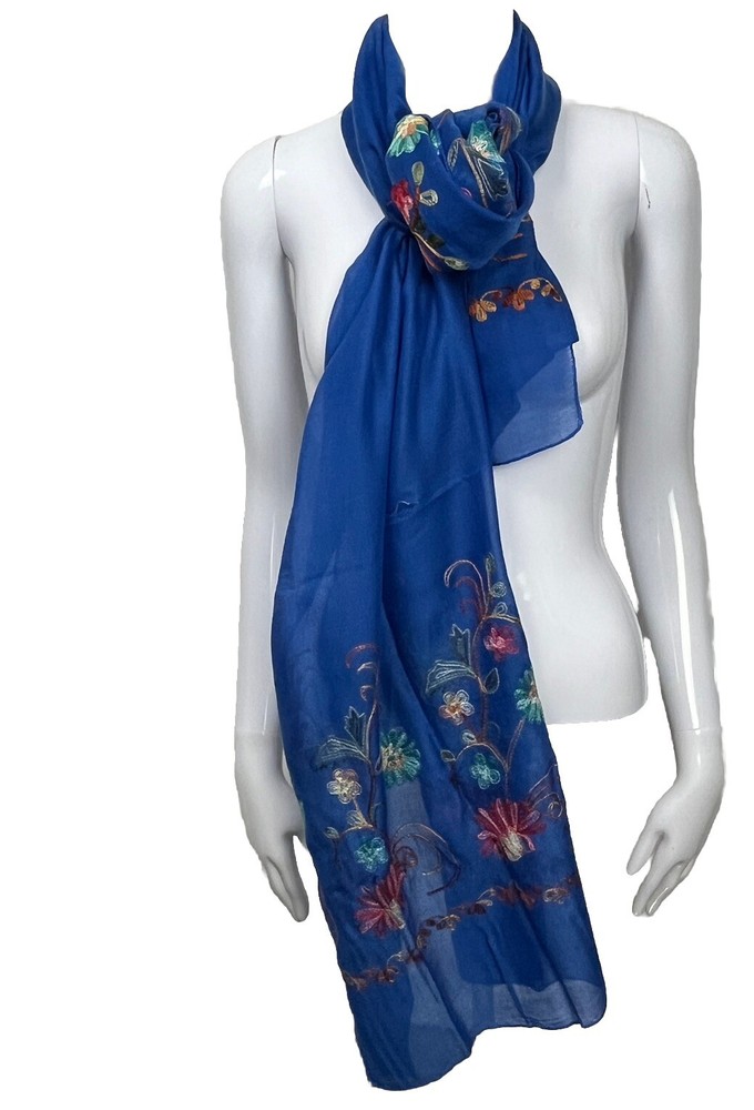 Boho Thai Blue Floral Embroidered Sheer Lightweight Wrap Scarf NWT