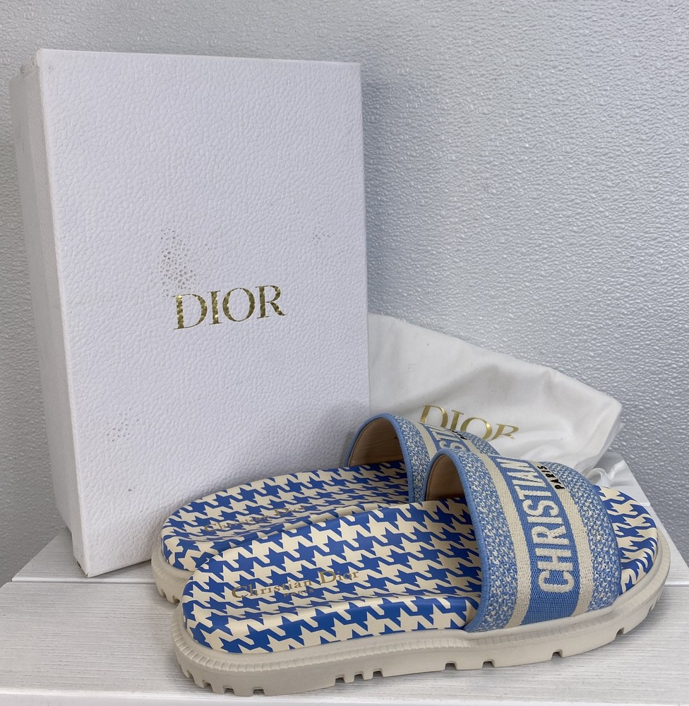 Christian Dior Dway Leather Slides Blue Oblique Women's Size 8.5 Houndstooth