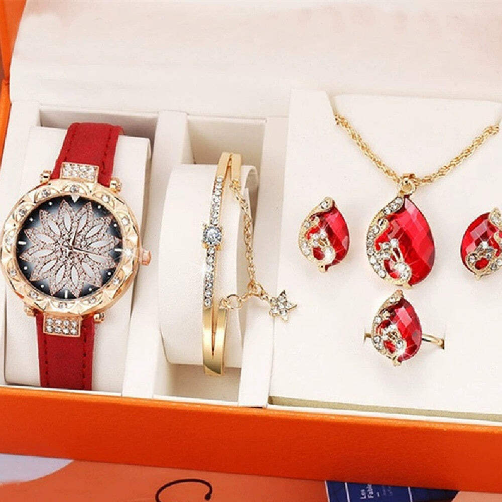 Women's 5-Piece Jewelry Gift Set with Watch, Bracelet, Ring, Necklace & Earrings