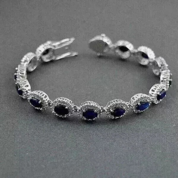 7 Ct Oval Cut Sapphire Lab-Created Diamond Tennis Bracelet 14K Wh Gold Plated 7”