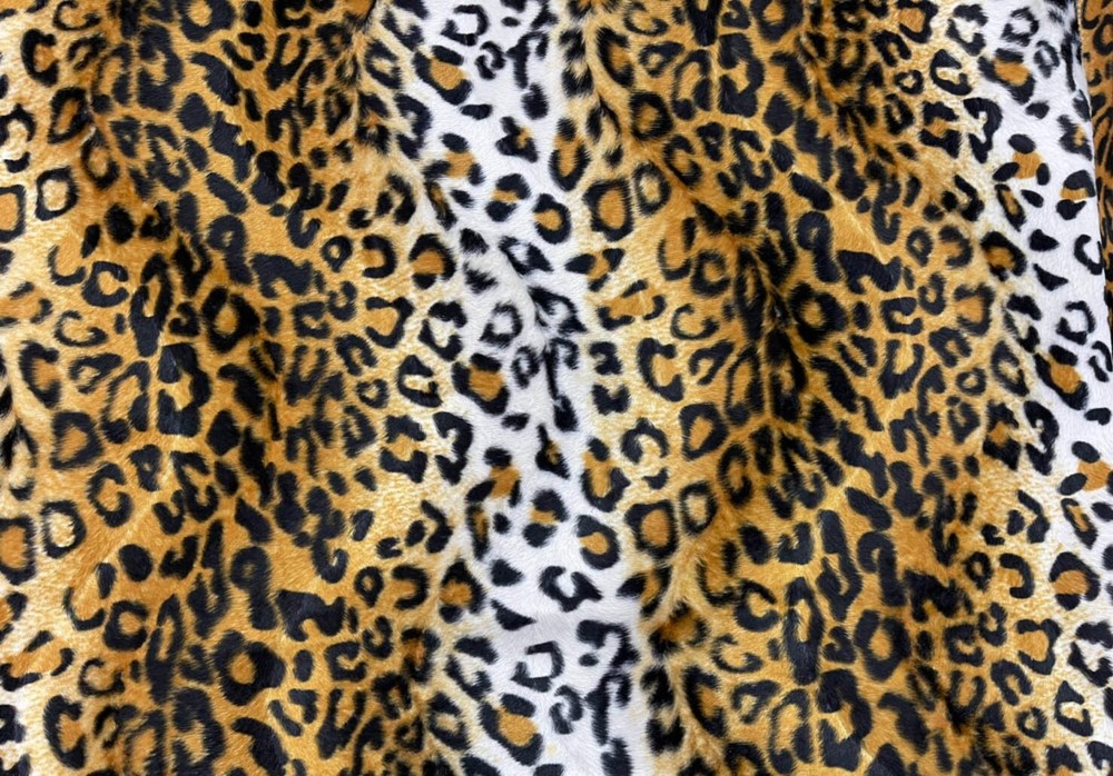 60-inch leopard print short pile faux fur velboa fabric with S-wave design