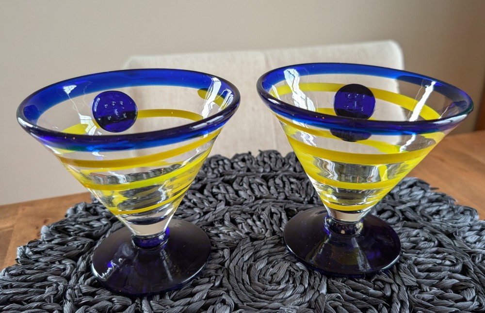 Royal Caribbean Kosta Boda Yellow Spiral Hand-Blown Martini Glasses Set of 2