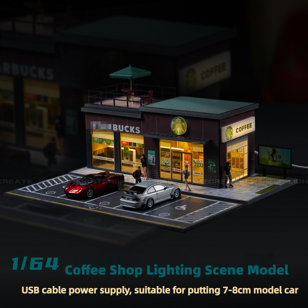 Diorama 1/64 Car Garage Model LED Light City Store Workshop Scene Building Model
