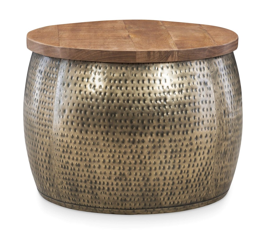 Hammered Gold Drum Storage Table with Natural Wood Lift Top Janice