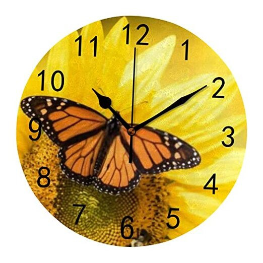 10 Inch Round Wall Clock Battery Monarch Butterfly on Bright Yellow Sunflowers