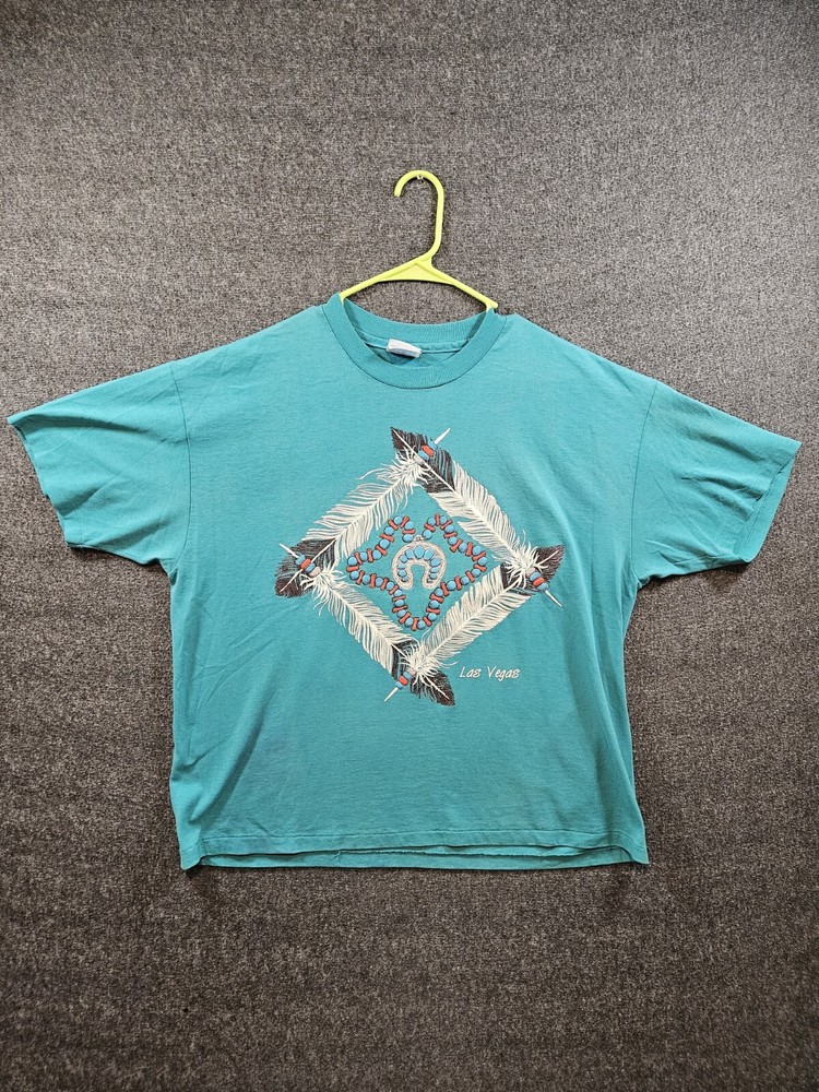 VINTAGE 90's Single Stitch Native American Feather Necklace Turquoise Shirt XL
