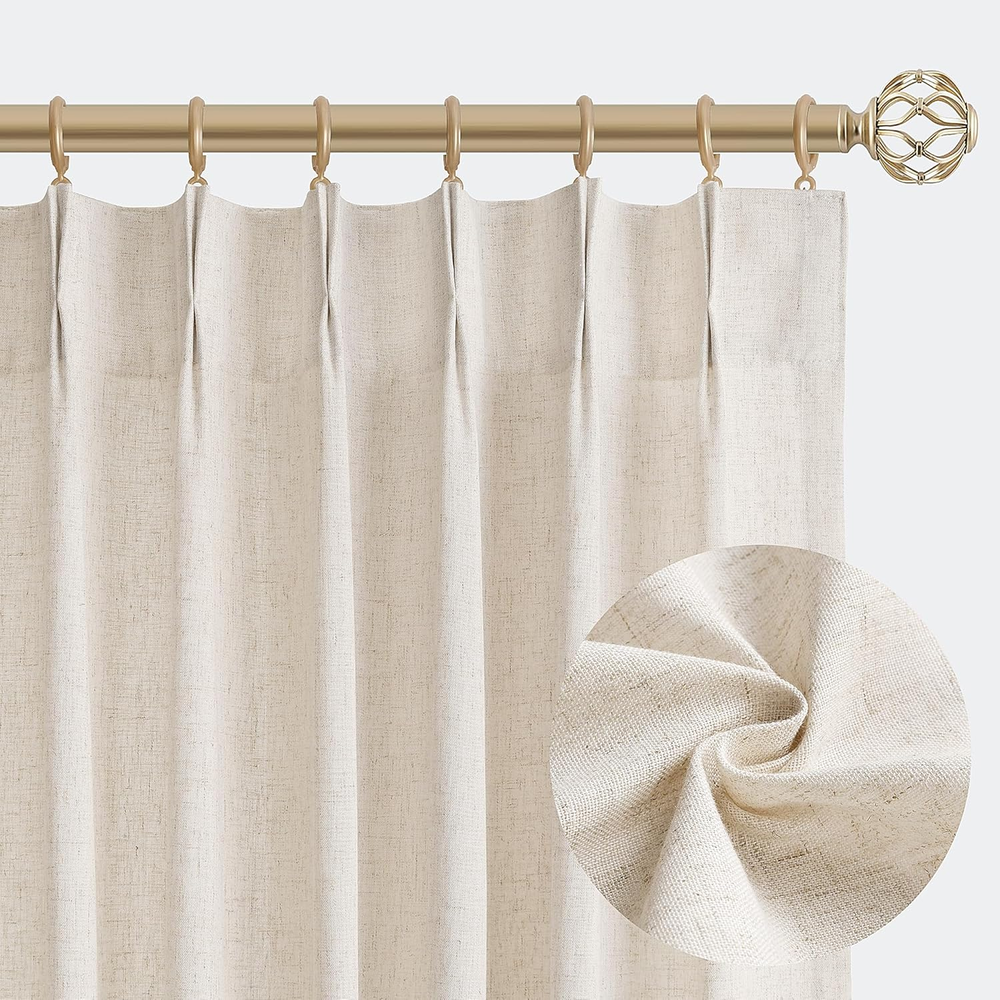 Natural Pinch Pleated Linen Curtains 84 Inch Length 2 Panels for Living Room Bed