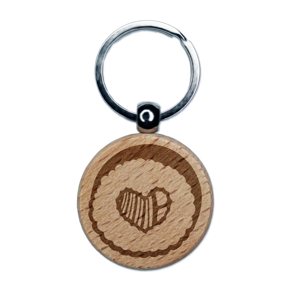 Sushi Roll Heart Engraved Wooden Keychain Charm with Round Design