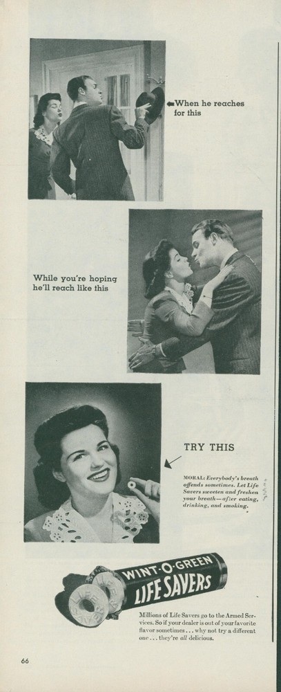 1944 Wint O Green Lifesavers Get The Kiss Freshen Breath Vintage Print Ad L30