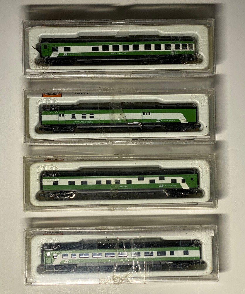 Set of Four (4) Con-Cor N Scale Burlington Northen Passenger Cars
