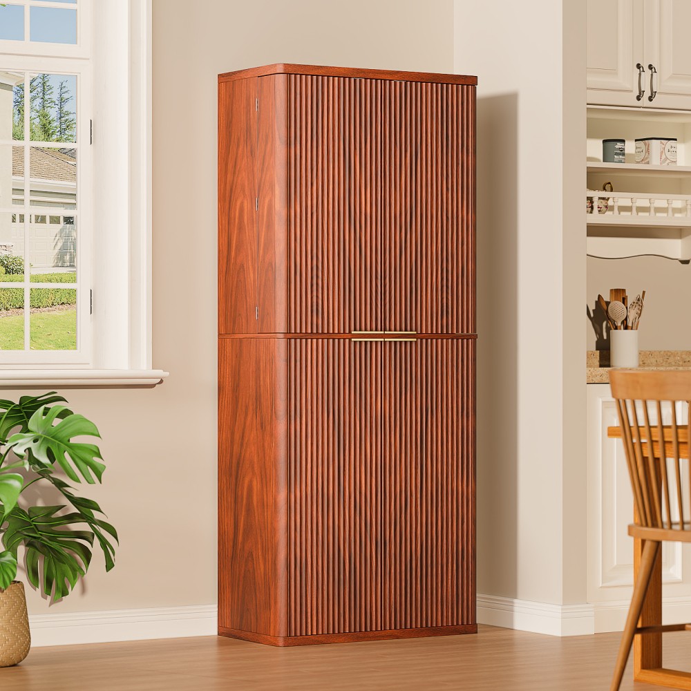 Tall Kitchen Pantry Fluted Wood Storage Cabinet W Doors 6 Door Shelves