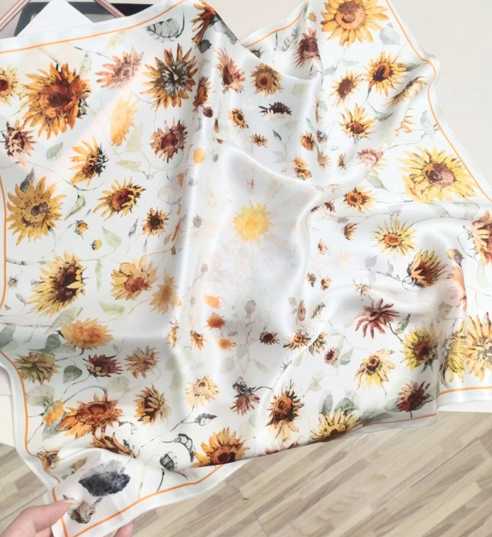 Luxury 100% Mulberry Silk Scarf with Chrysanthemum Print 21 Inch Shawl Wrap