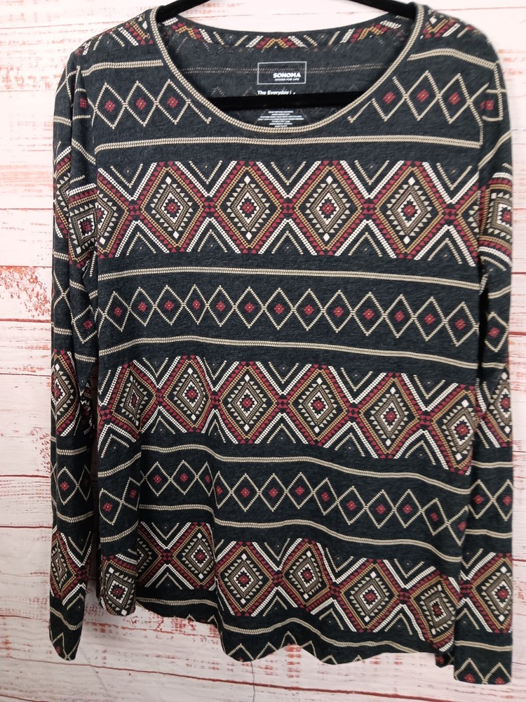 Sonoma  The Everyday  Tee Women's Large Aztec Neck Long Sleeve Casual