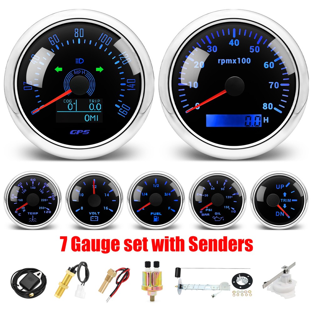 85mm 7-Gauge Set with GPS Speedometer 160MPH Tachometer 8000RPM Fuel Oil Temp Volt Trim