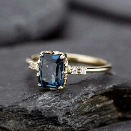 2Ct Emerald Cut Simulated London Blue Topaz Wedding Ring 14k Yellow Gold Plated