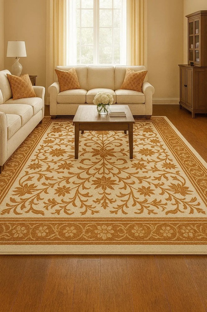 Hand-Tufted Wool Rug: Beige & Terracotta Floral Medallion, Ornamental Border