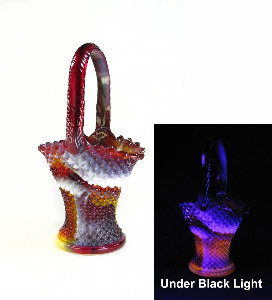 Westmoreland Glass Levay Rare Red Slag UV Glow Hobnail Basket