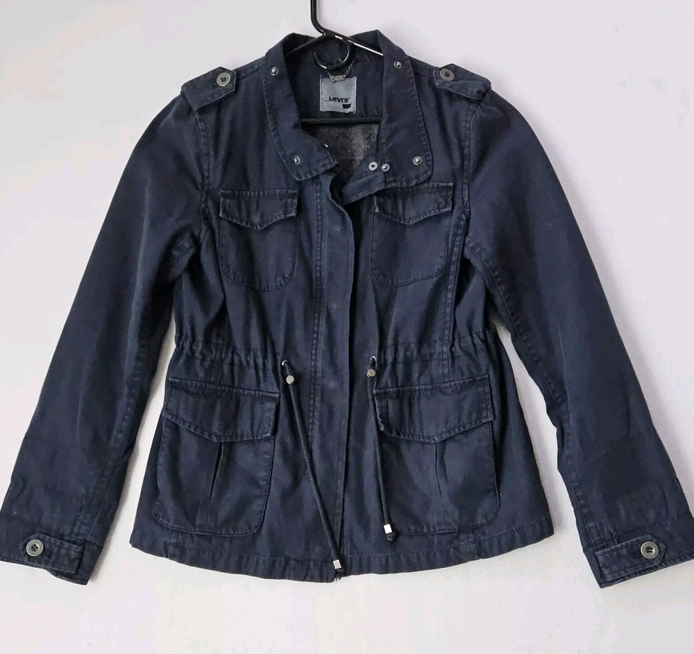 Levis Denim Utility Jacket Womens Sz M Flannel Lined Zip Snap Button Blue
