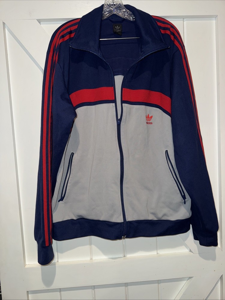 Adidas Jacket Mens L Blue Red White Trefoil Track Full Zip Retro 3 Stripes