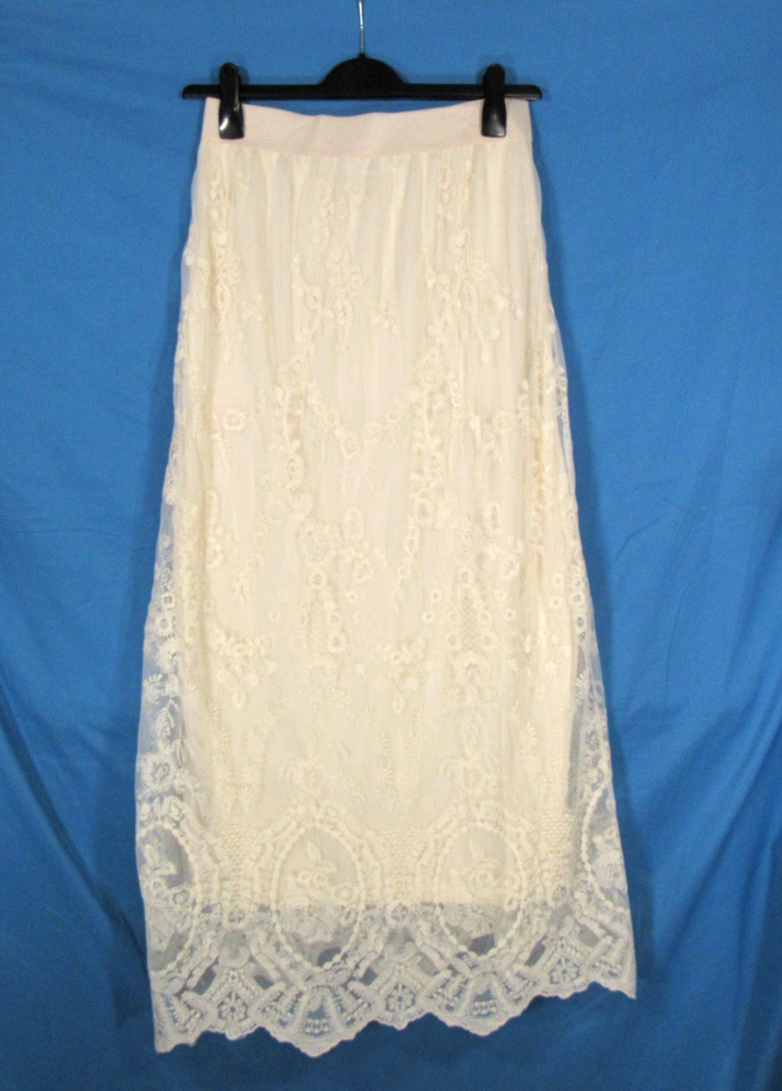 CATO Ivory Floral Embroidered Lace Boho Wedding Straight Skirt Size M