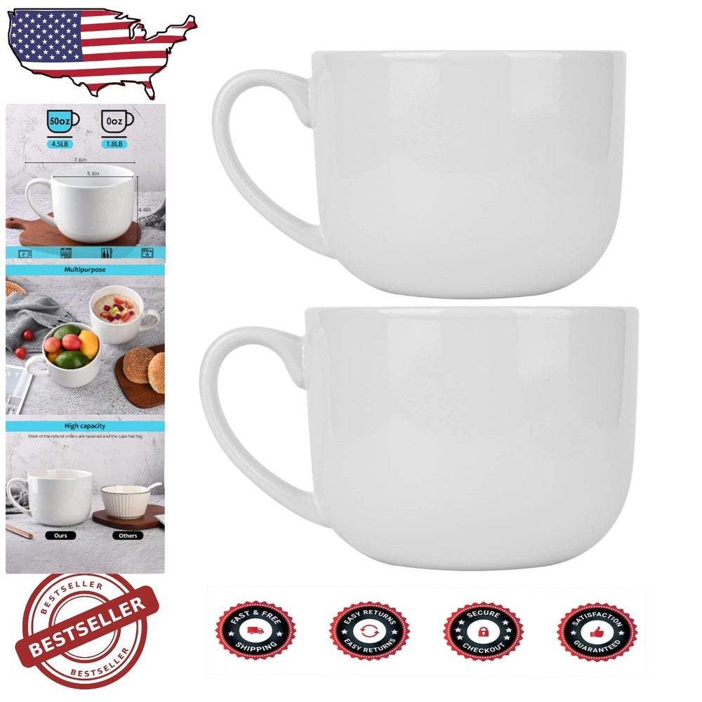 50oz White Ceramic Jumbo Mugs with Large Handles - Ideal for Oatmeal & Coffee