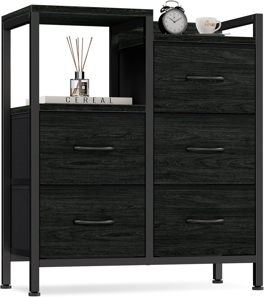 5-Drawer Black Fabric Dresser with 2 Shelves for Bedroom Storage