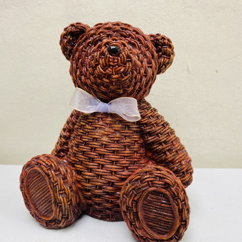 Basket Weave Pattern Vintage Brown Bear Penny Bank With A Bow Tie Piggy Bank
