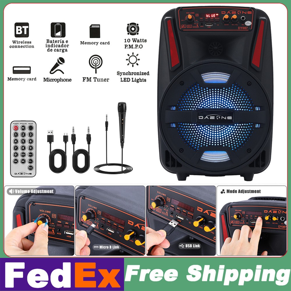 8'' Portable Party Bluetooth Speaker FM Radio DJ LED with Remote/ Microphone/USB